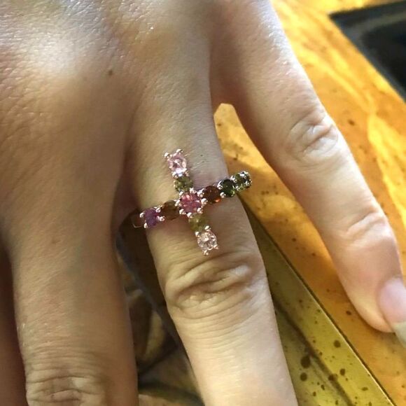 Natural Tourmaline Sterling Silver Cross Ring Size 6 - Picture 1 of 7